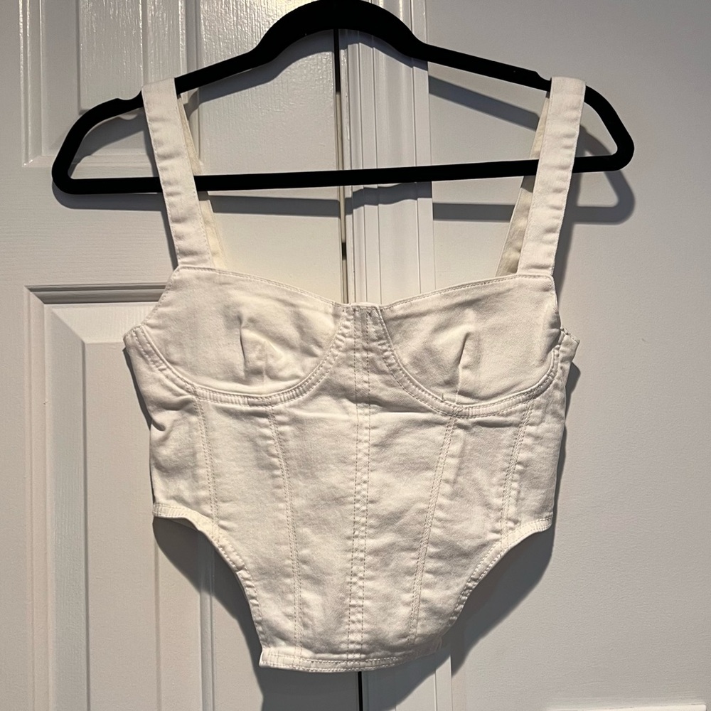Zara White Denim Cropped Bustier Top